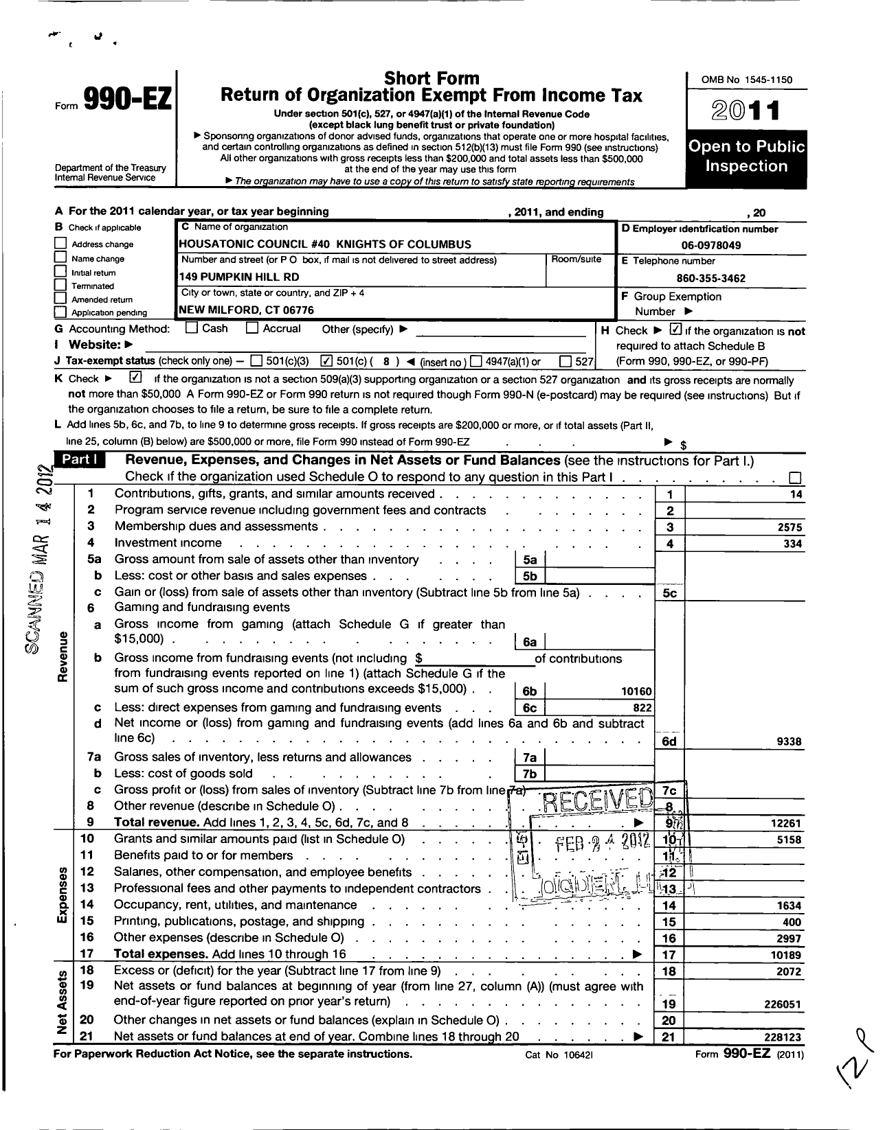 Image of first page of 2011 Form 990EO for Knights of Columbus - Hasatonic Council 40