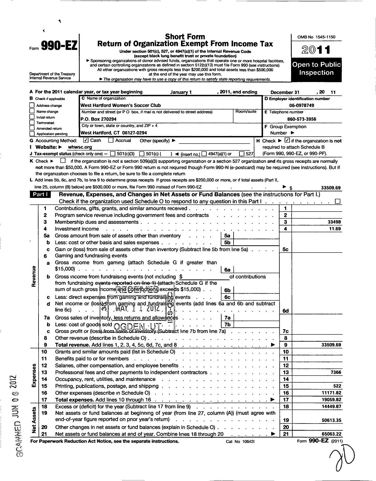 Image of first page of 2011 Form 990EO for West Hartford Womens Soccer Club