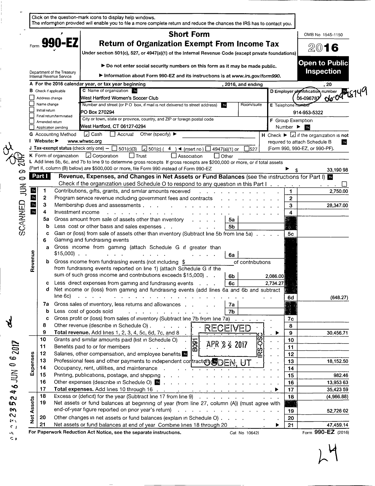 Image of first page of 2016 Form 990EO for West Hartford Womens Soccer Club