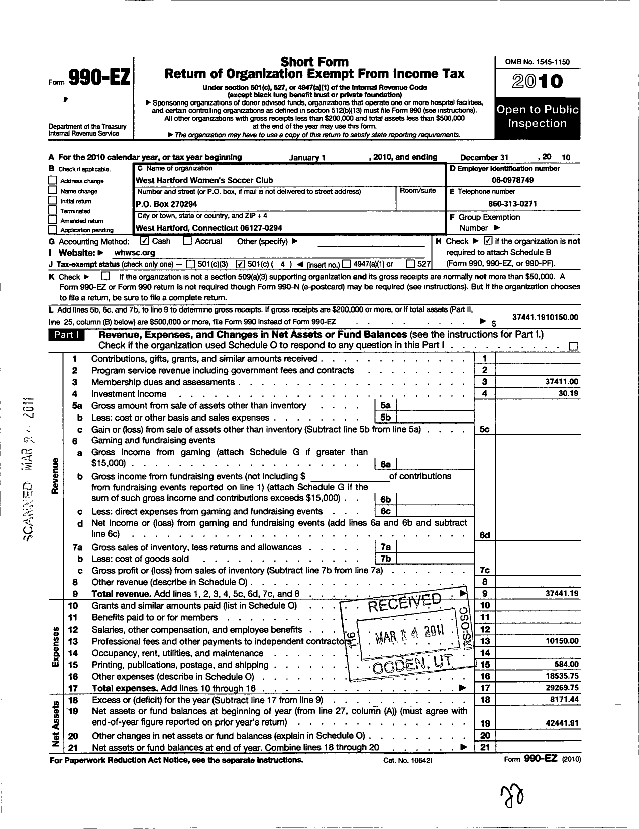 Image of first page of 2010 Form 990EO for West Hartford Womens Soccer Club