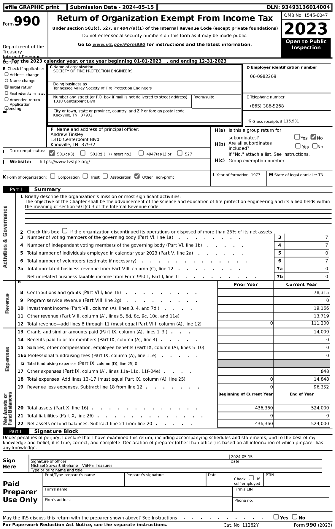 Image of first page of 2023 Form 990 for Tennessee Valley Society of Fire Protection Engineers