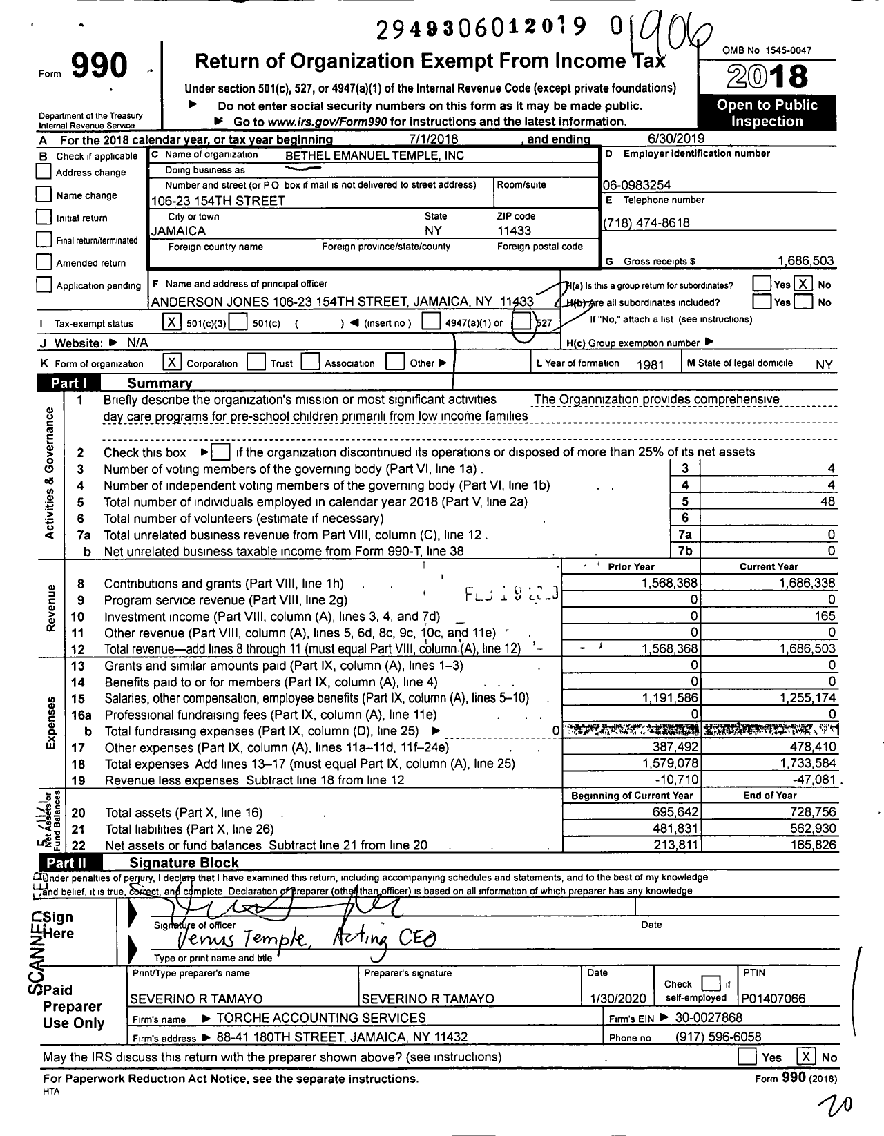 Image of first page of 2018 Form 990 for Bethel Emanuel Temple