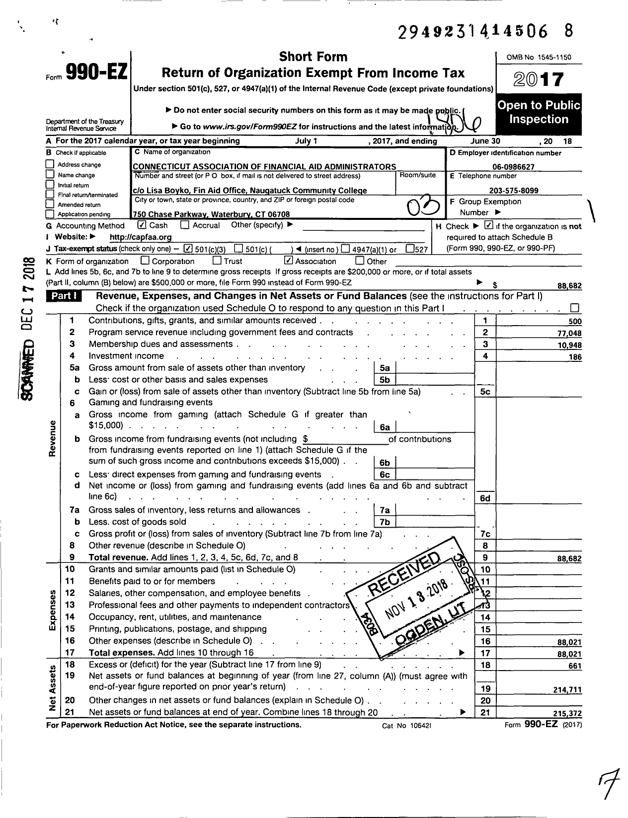 Image of first page of 2017 Form 990EZ for Connecticut Association of Professional Financial Aid Administrators