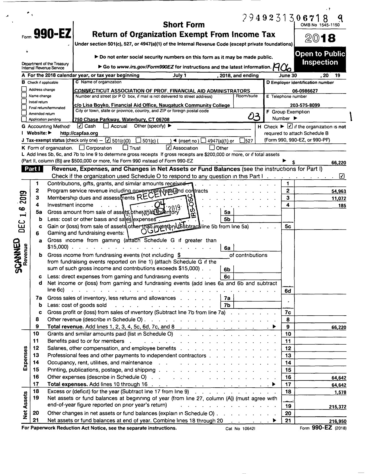 Image of first page of 2018 Form 990EZ for Connecticut Association of Professional Financial Aid Administrators