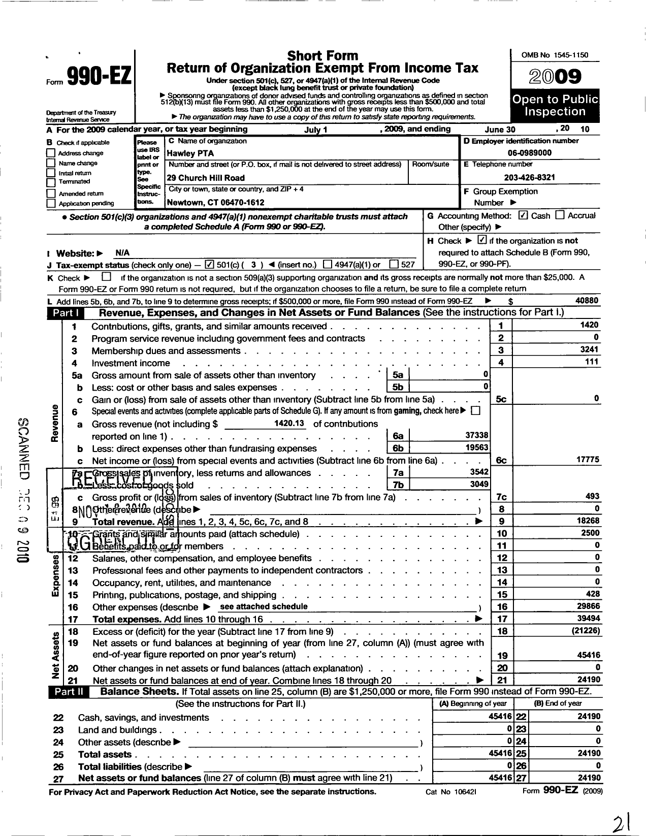 Image of first page of 2009 Form 990EZ for CT PTA - Hawley PTA