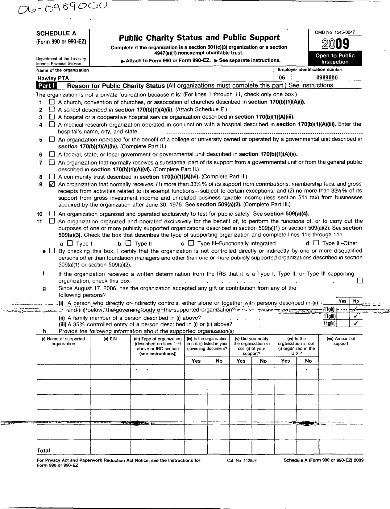 Image of first page of 2009 Form 990ER for CT PTA - Hawley PTA