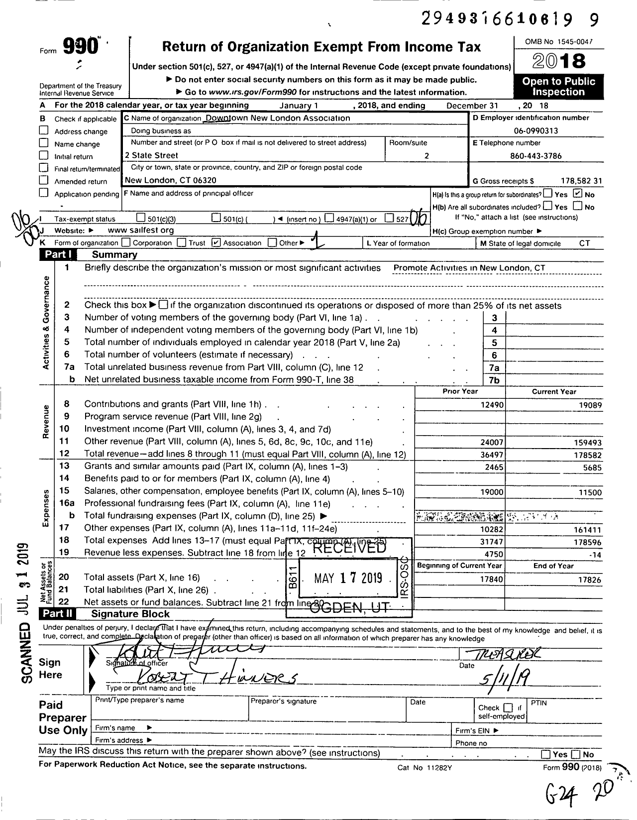 Image of first page of 2018 Form 990O for Downtown New London Association