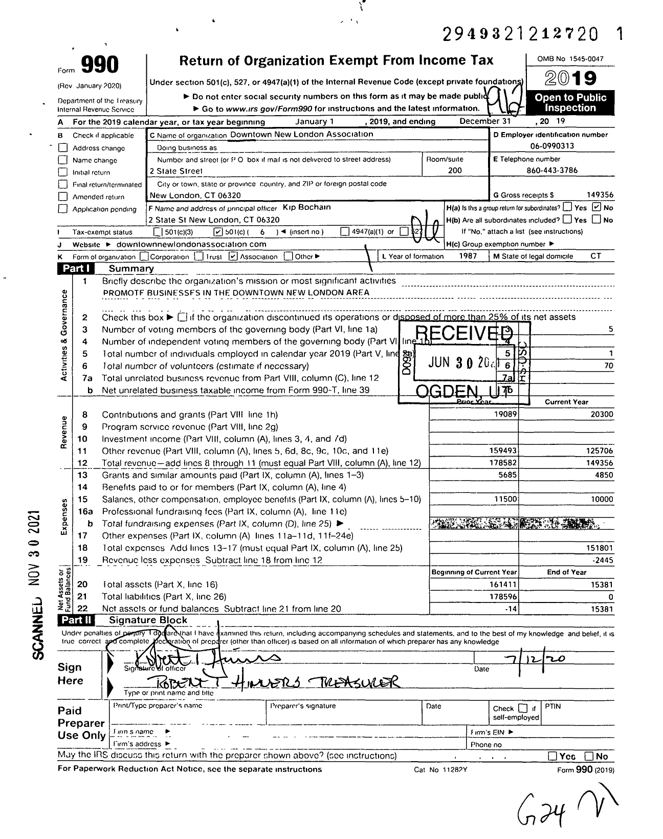 Image of first page of 2019 Form 990O for Downtown New London Association