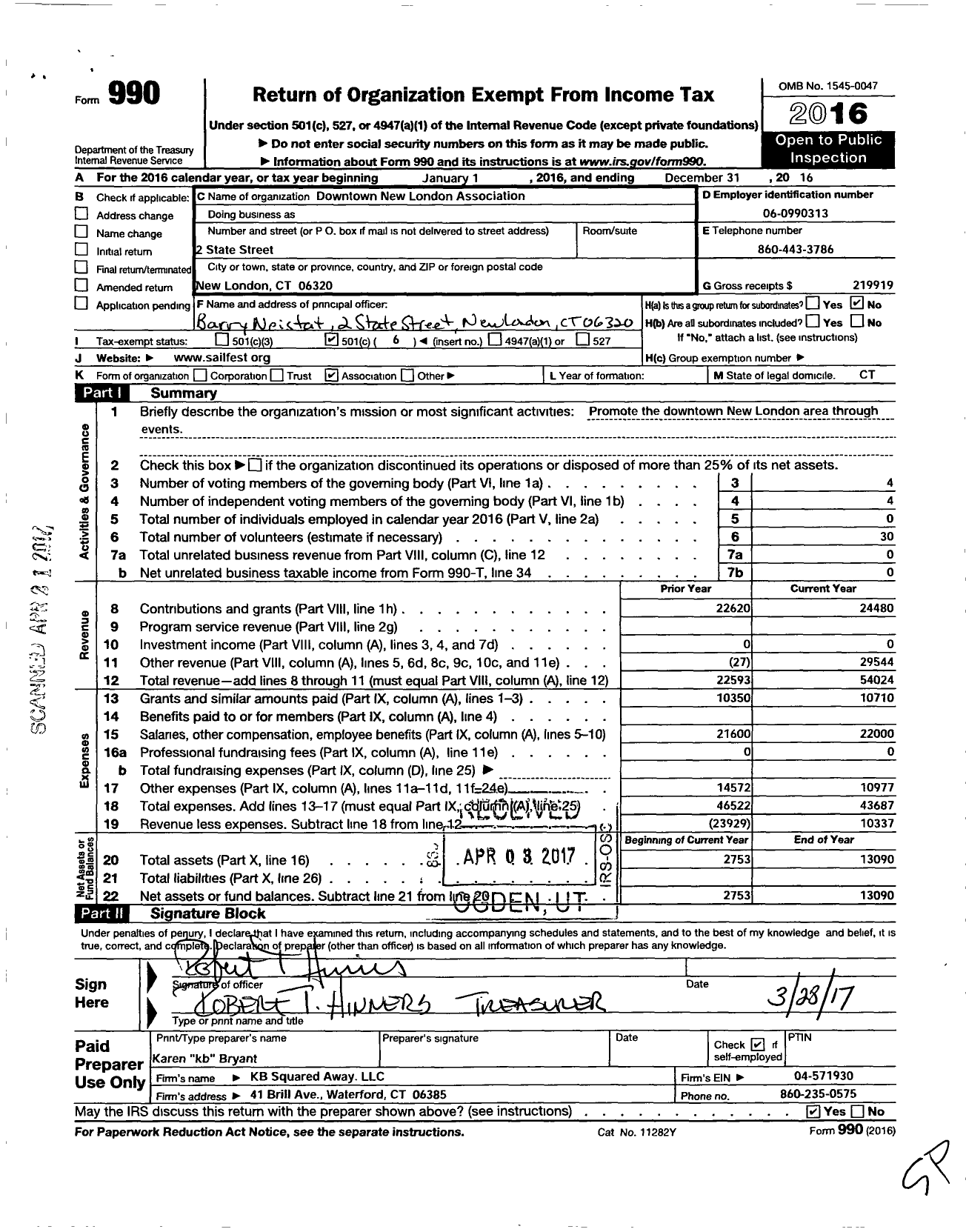 Image of first page of 2016 Form 990O for Downtown New London Association