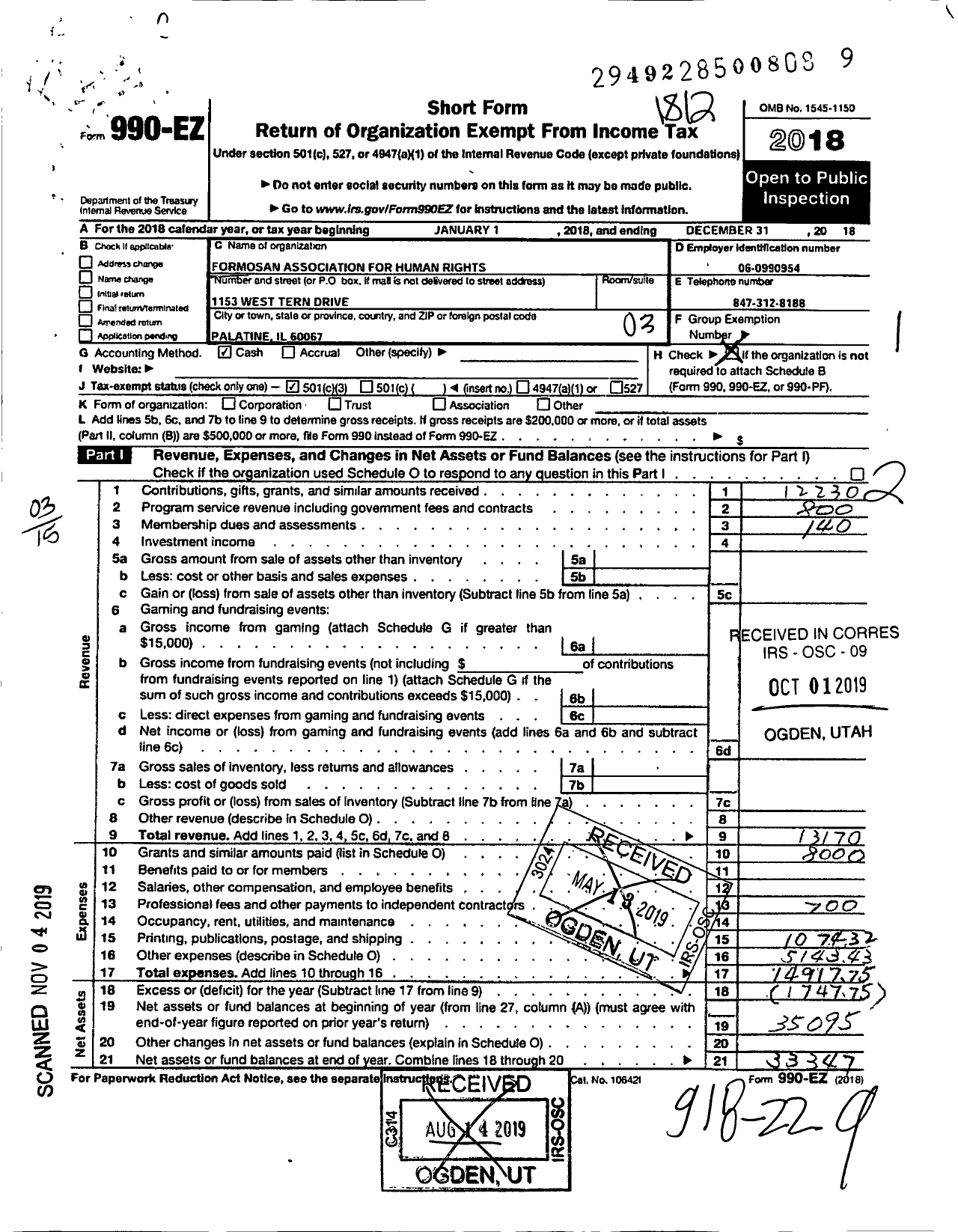 Image of first page of 2018 Form 990EZ for Formosan Association for Human Rights