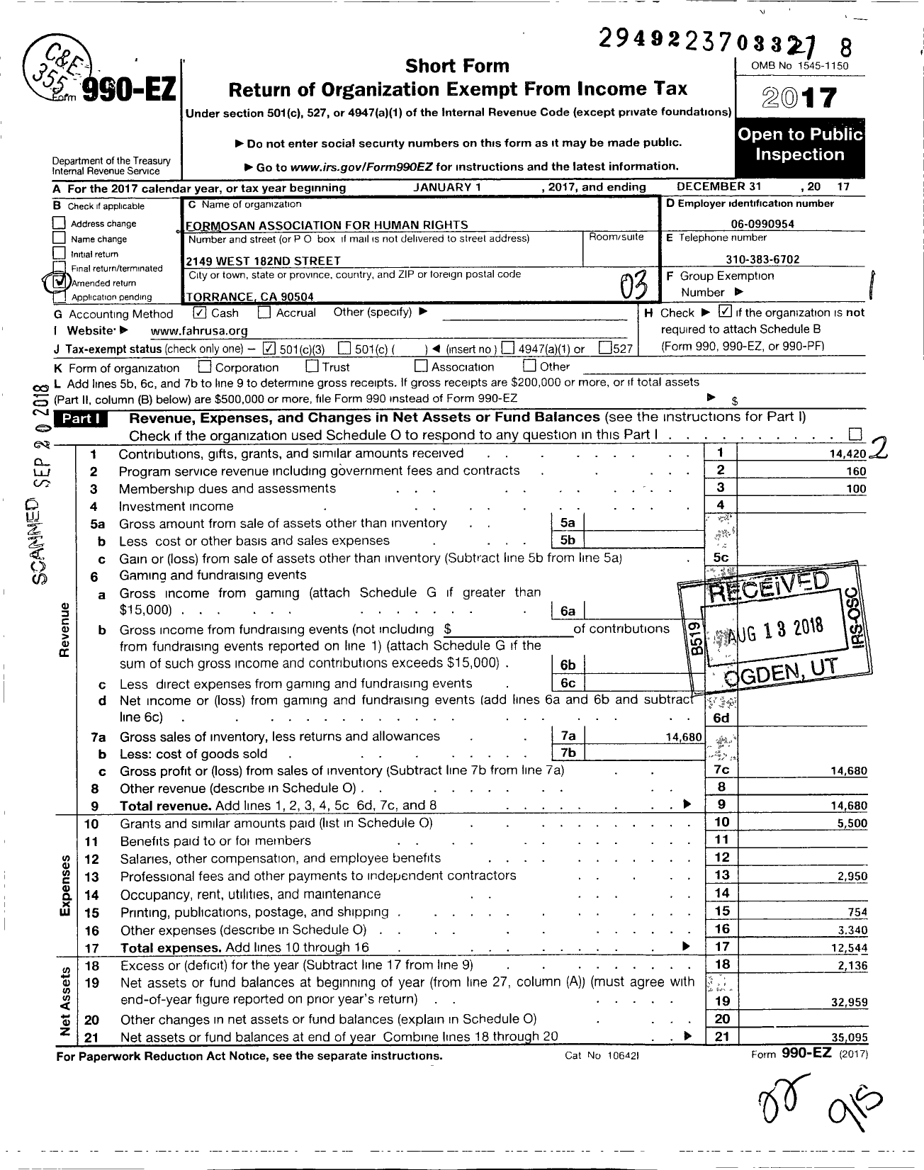 Image of first page of 2017 Form 990EZ for Formosan Association for Human Rights