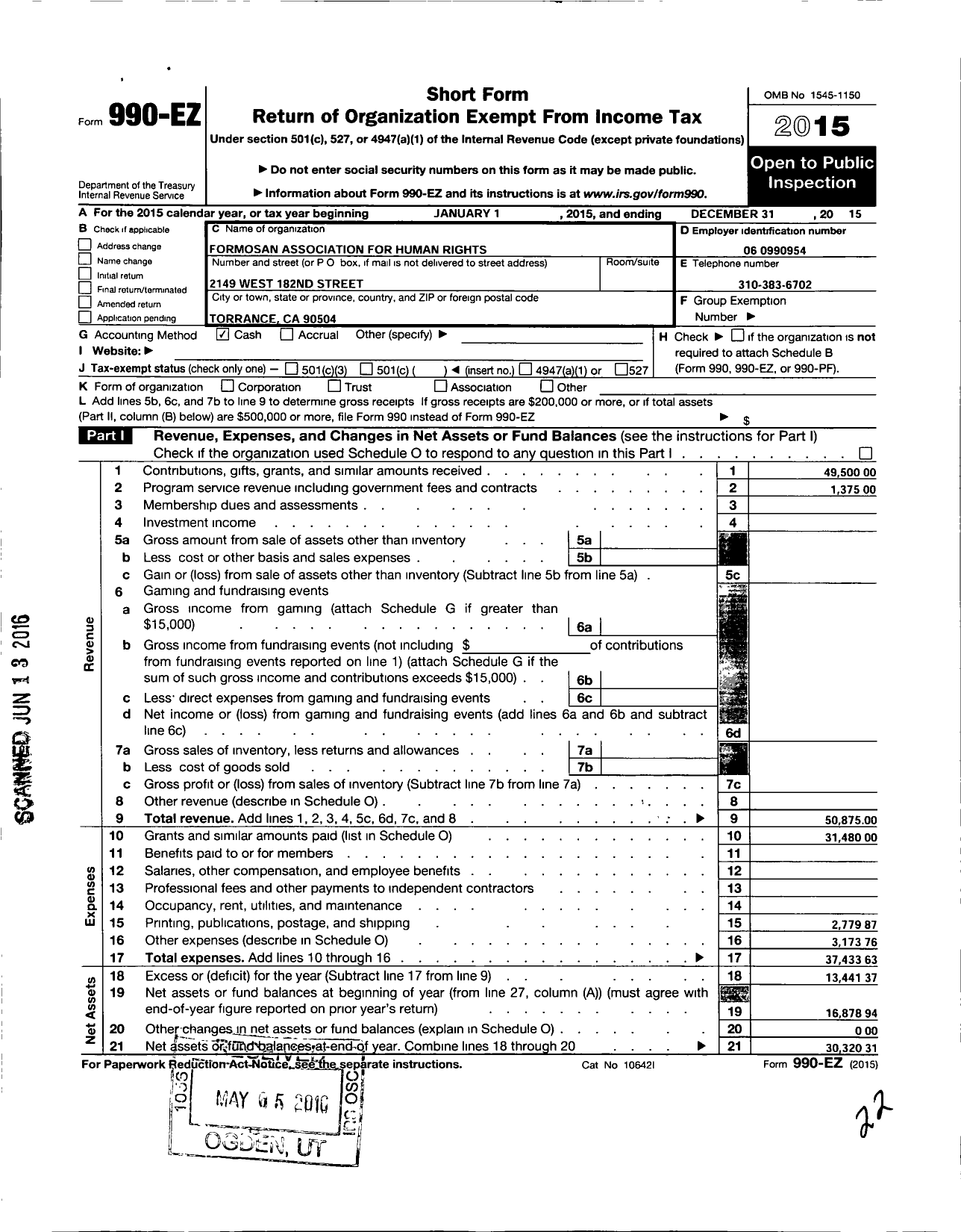 Image of first page of 2015 Form 990EO for Formosan Association for Human Rights