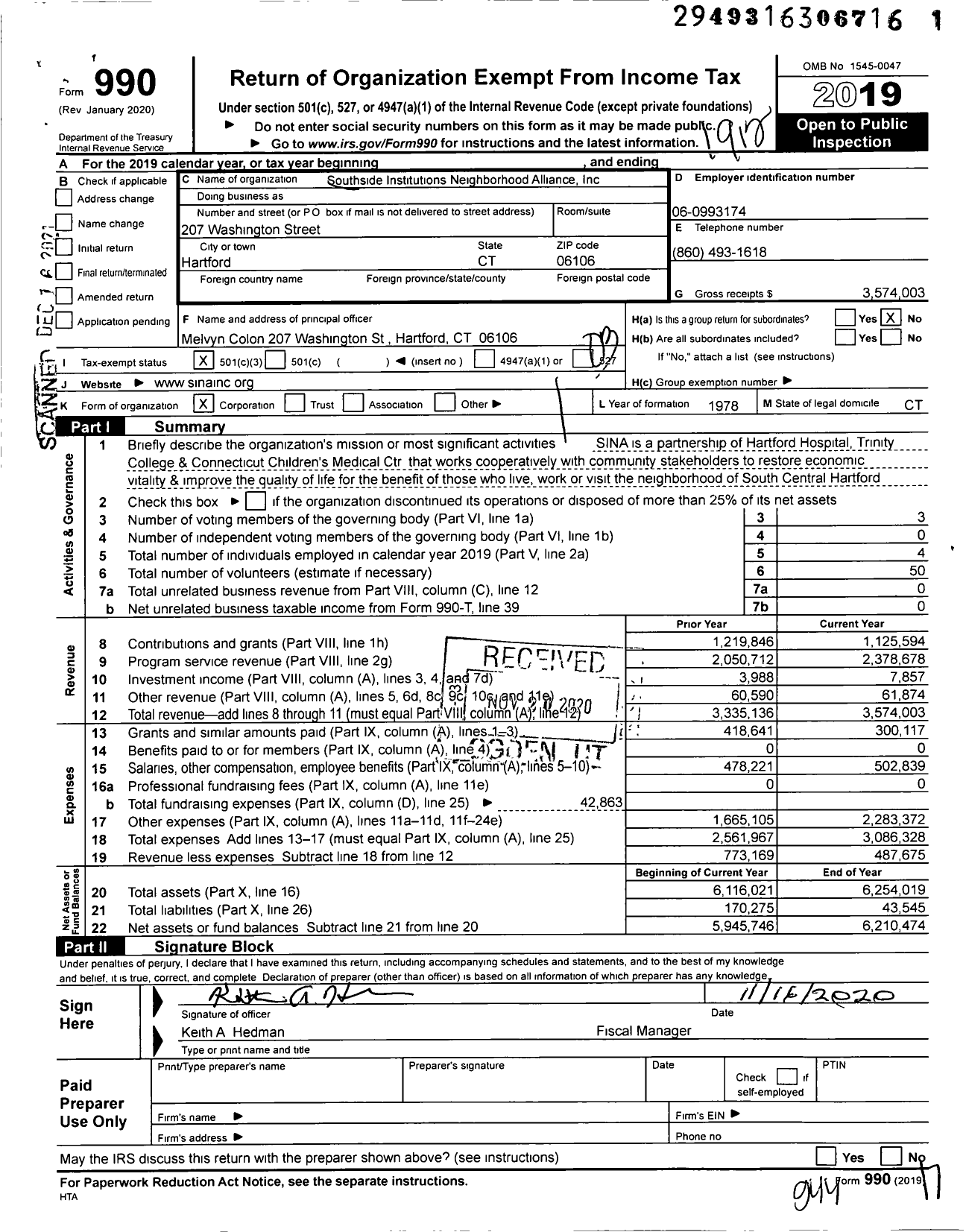 Image of first page of 2019 Form 990 for Southside Institutions Neighborhood Alliance (SINA)