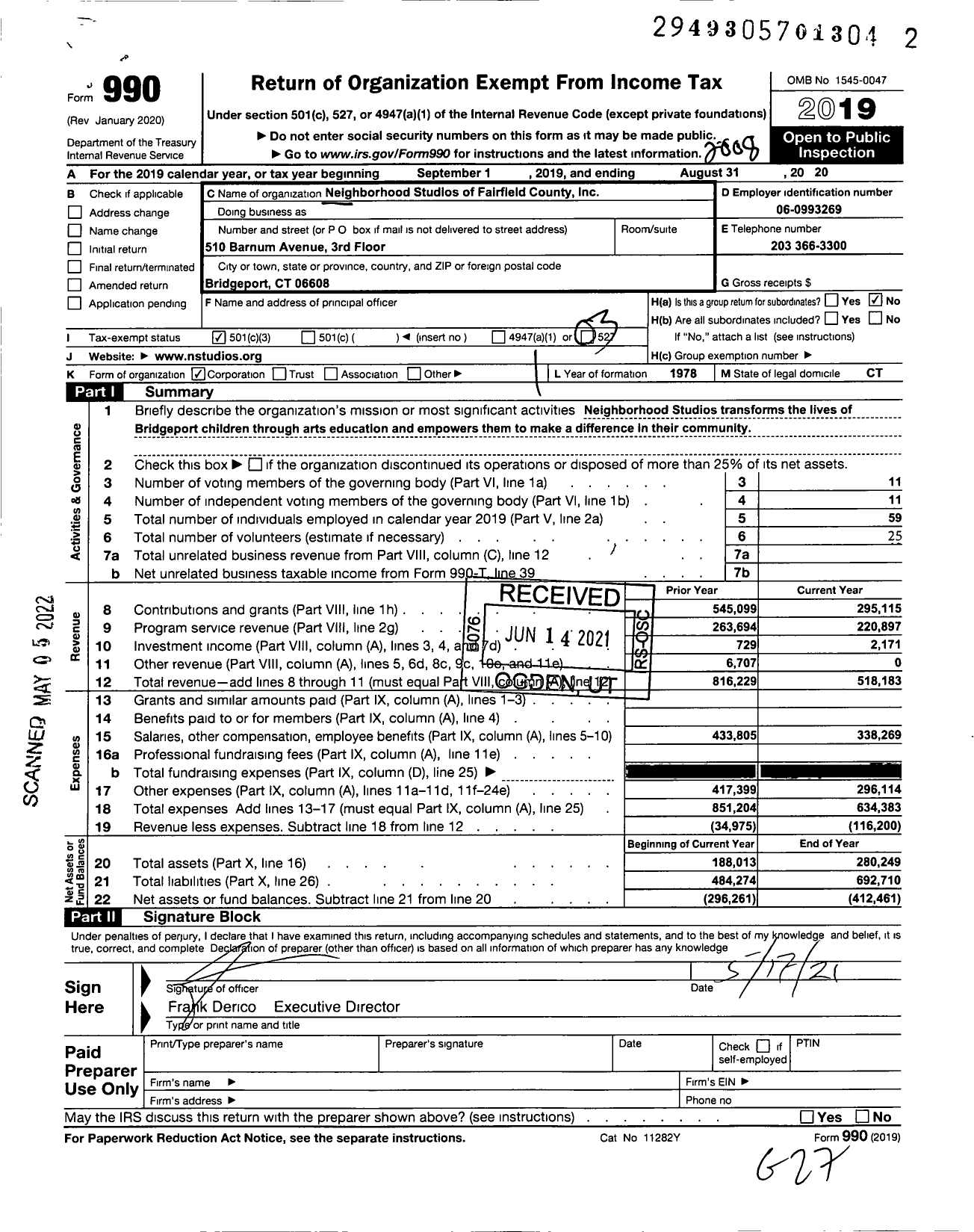 Image of first page of 2019 Form 990 for Neighborhood Studios of Fairfield County