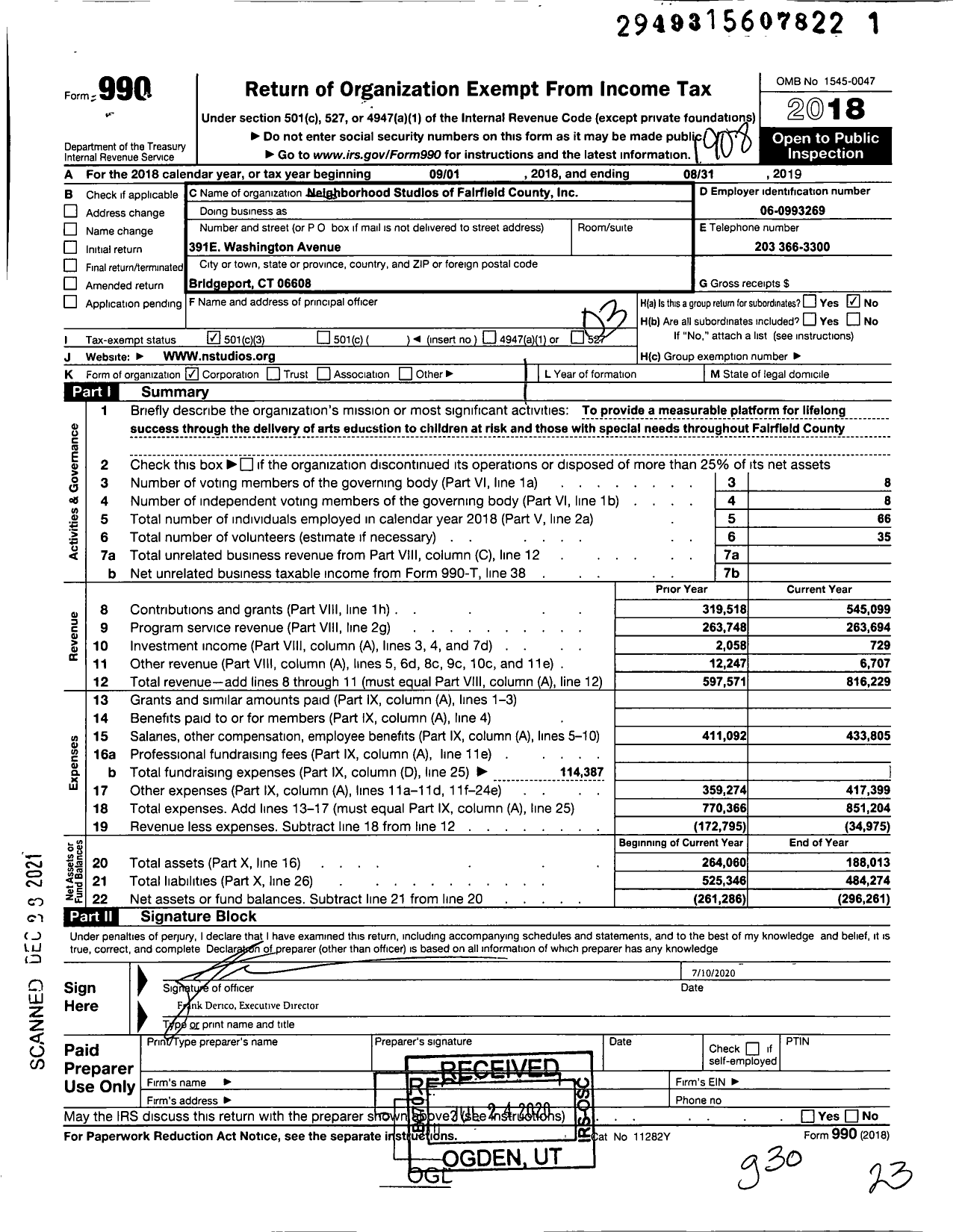 Image of first page of 2018 Form 990 for Neighborhood Studios of Fairfield County