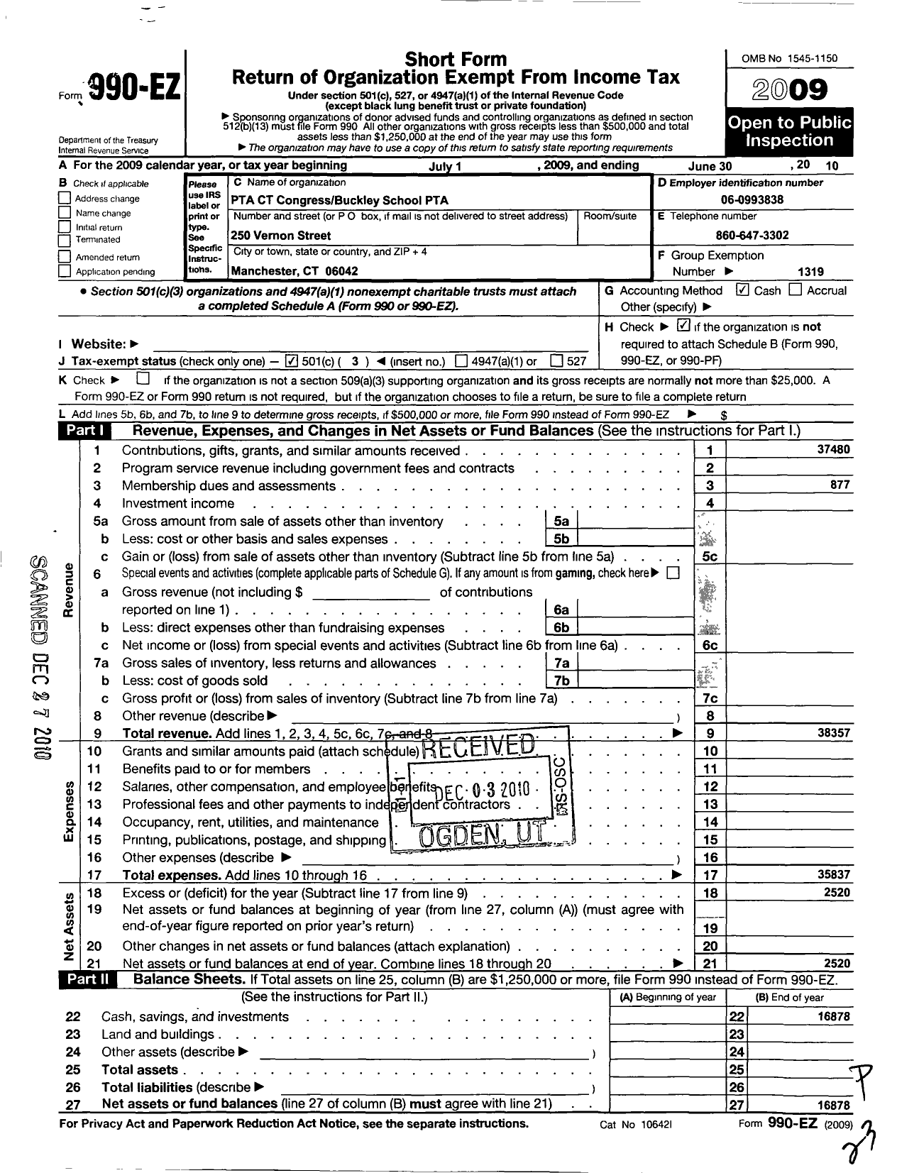 Image of first page of 2009 Form 990EZ for CT PTA - Buckley PTA