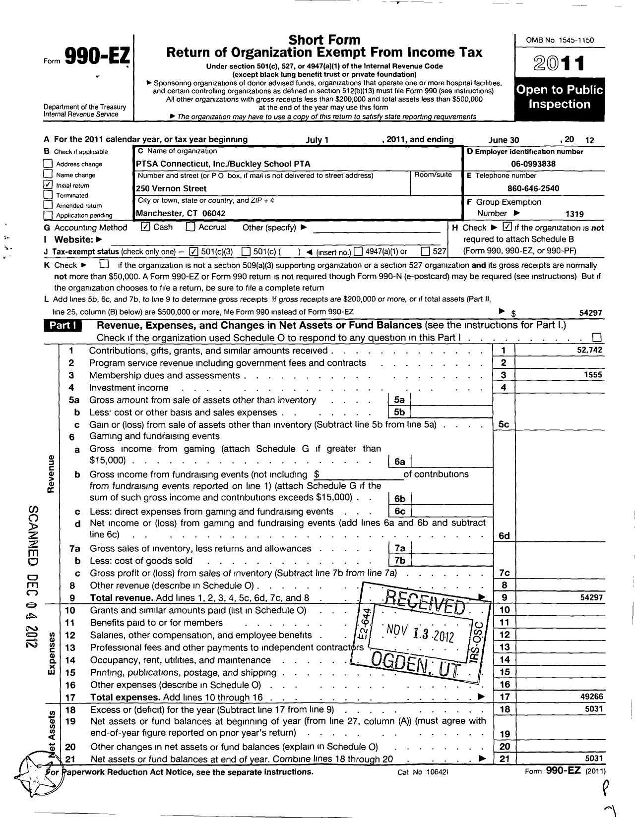 Image of first page of 2011 Form 990EZ for CT PTA - Buckley PTA