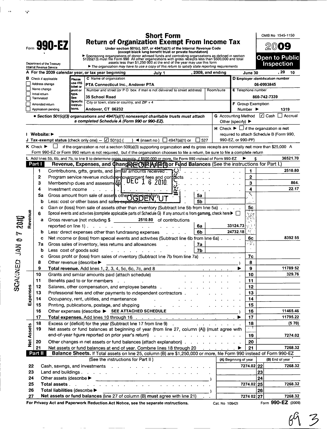 Image of first page of 2009 Form 990EO for CT PTA - Andover PTA