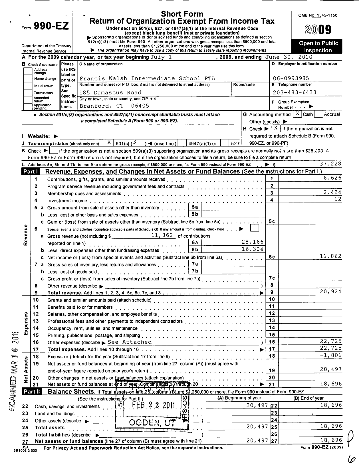 Image of first page of 2009 Form 990EZ for CT PTA - Francis Walsh Interdist PTA