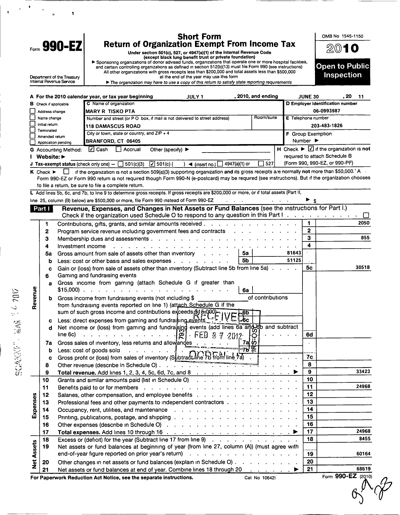 Image of first page of 2010 Form 990EO for CT PTA - Mary Tisko PTA