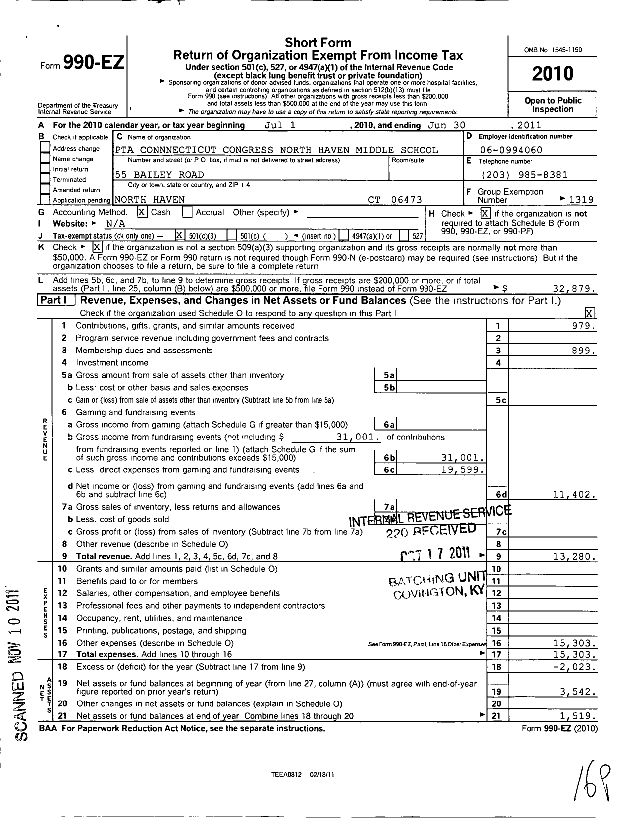 Image of first page of 2010 Form 990EZ for CT PTA - North Haven Middle School PTA