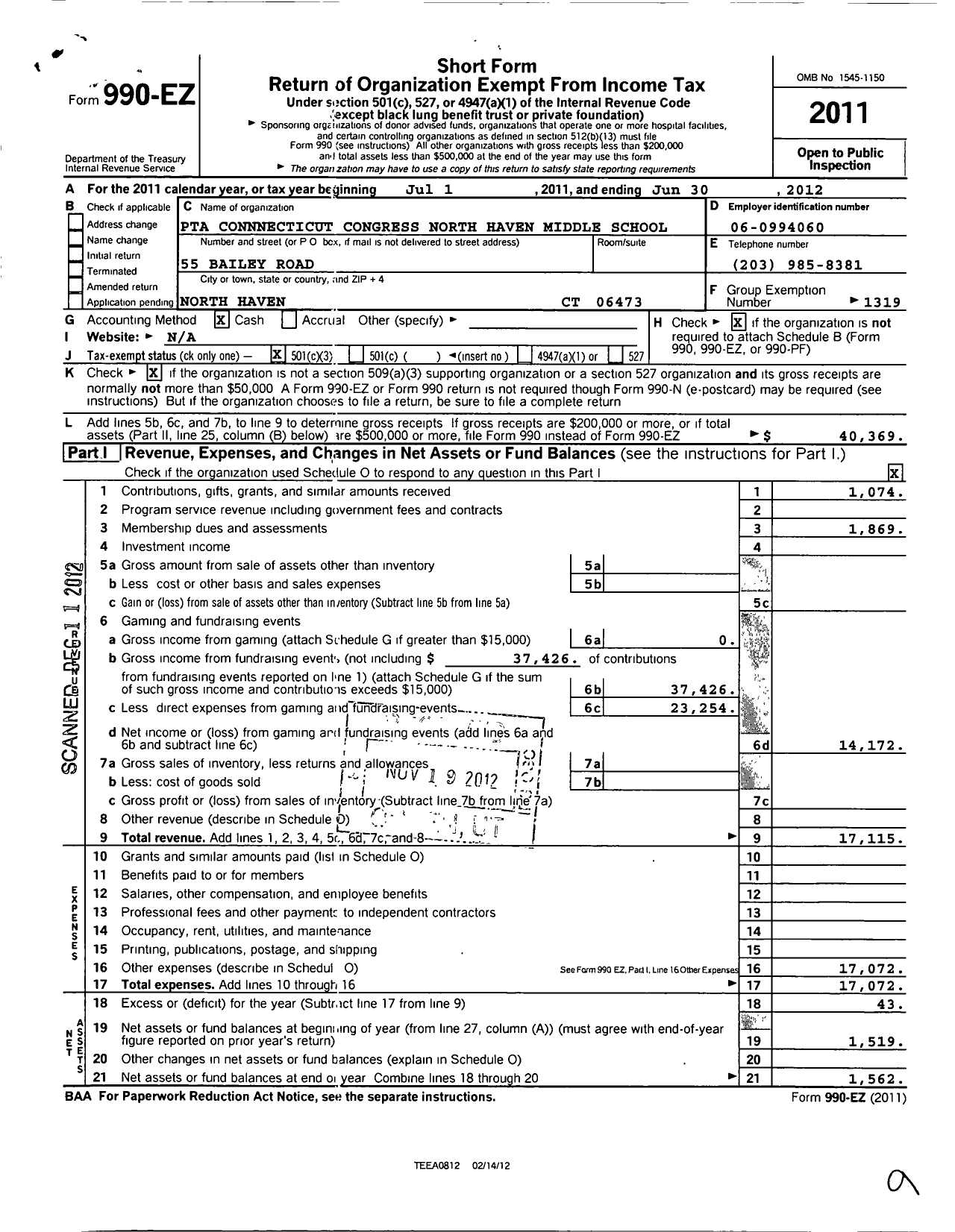 Image of first page of 2011 Form 990EZ for CT PTA - North Haven Middle School PTA