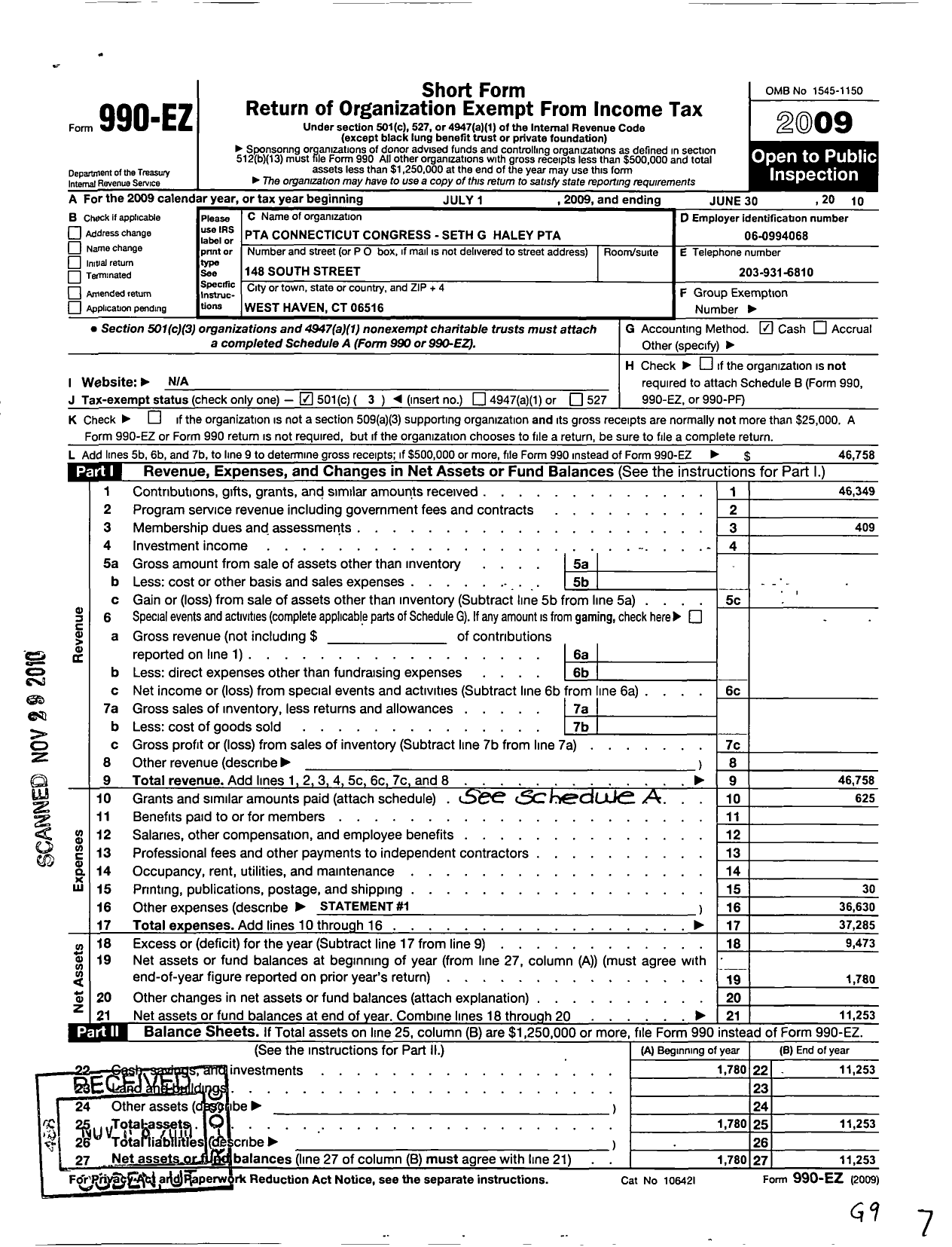 Image of first page of 2009 Form 990EZ for CT PTA - Seth G Haley PTA