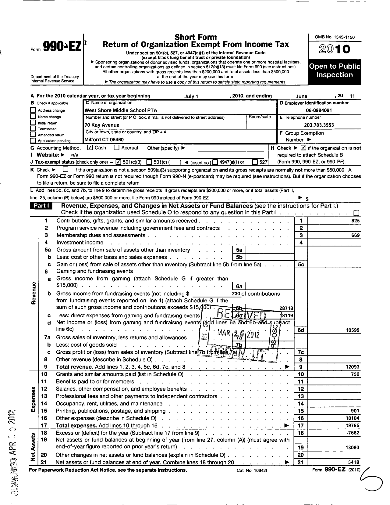 Image of first page of 2010 Form 990EZ for CT PTA - West Shore Middle School PTA