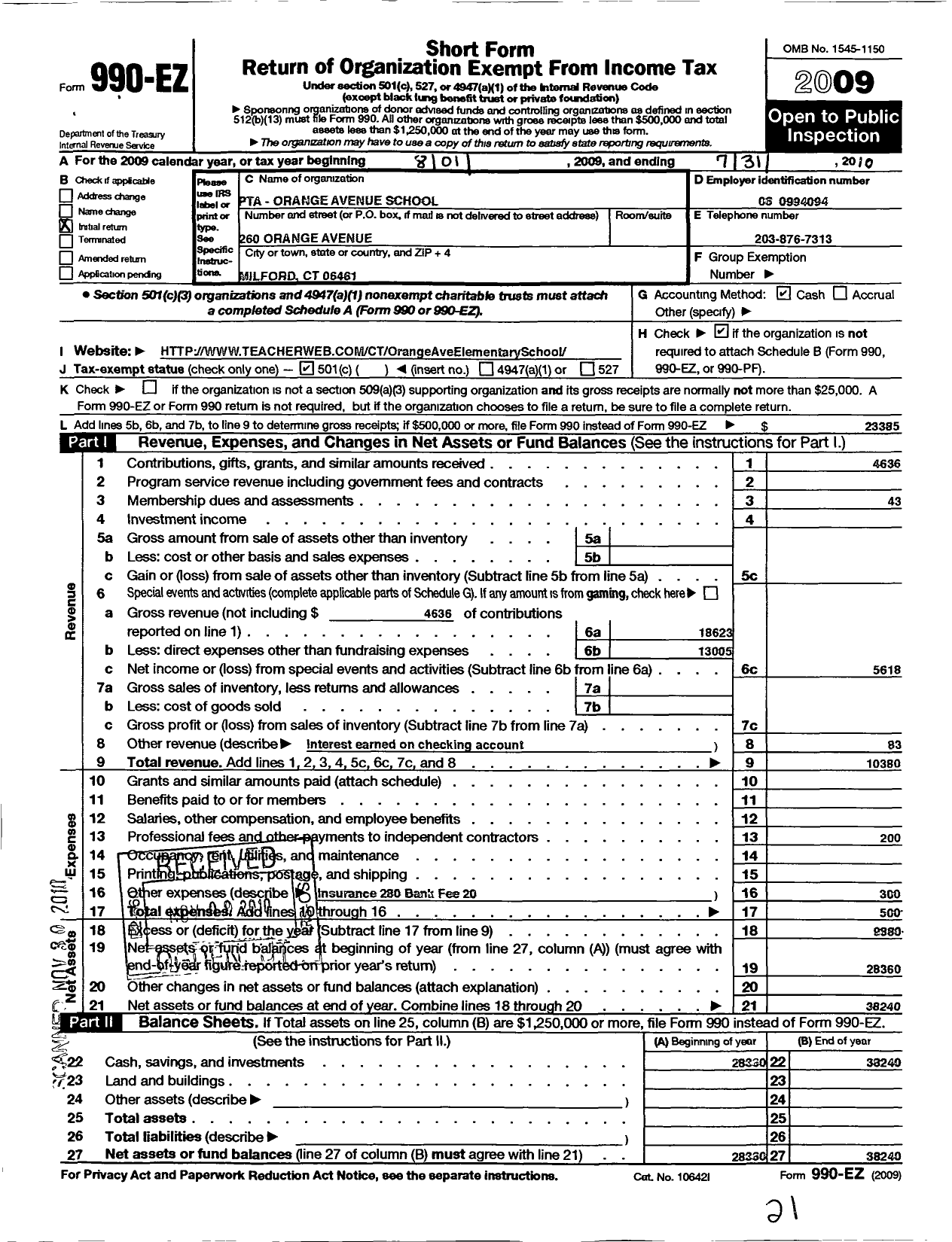 Image of first page of 2009 Form 990EO for CT PTA - Orange Avenue PTA