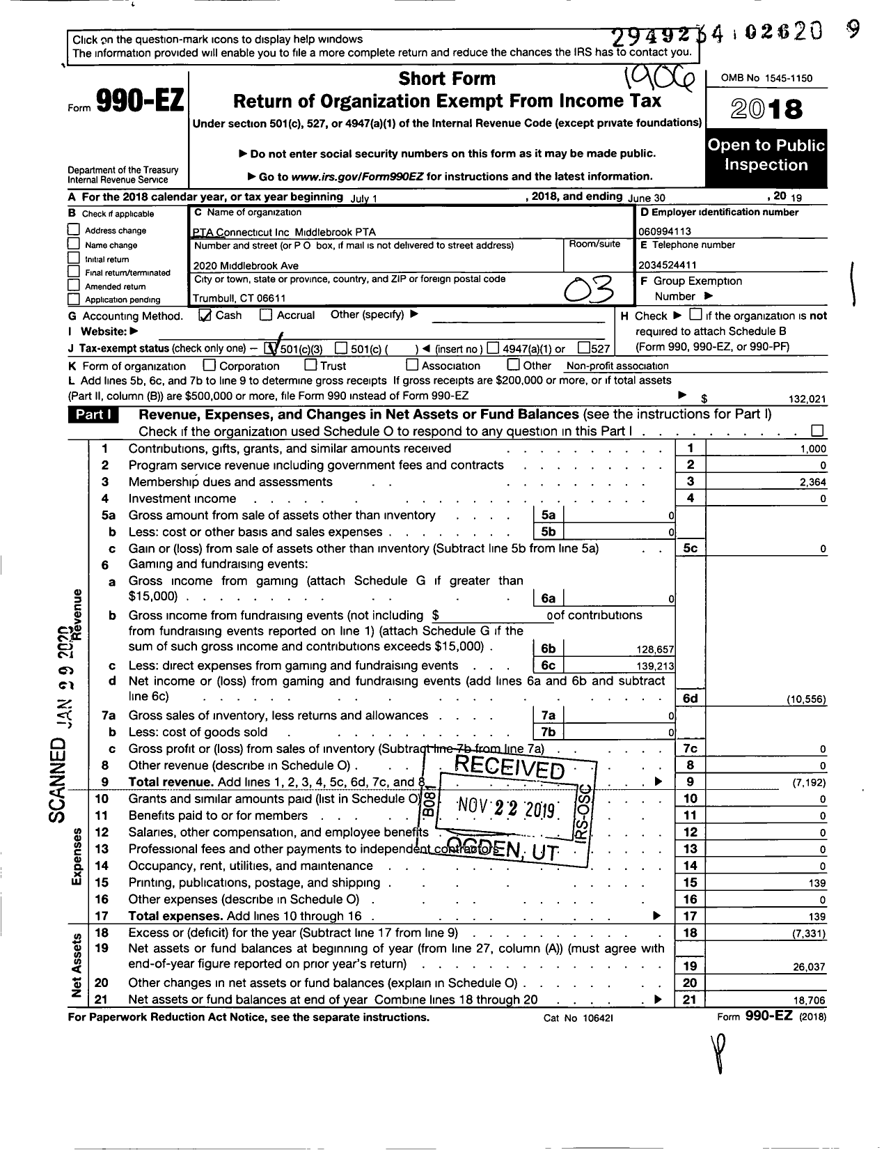 Image of first page of 2018 Form 990EZ for CT PTA - Middlebrook PTA