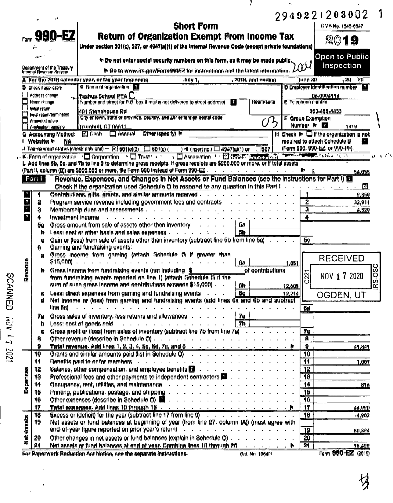 Image of first page of 2019 Form 990EZ for CT PTA - Tashua PTA