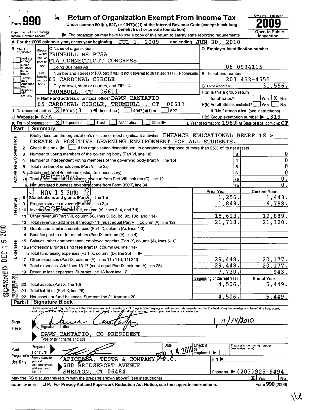 Image of first page of 2009 Form 990 for CT PTA - Trumbull High School Ptsa