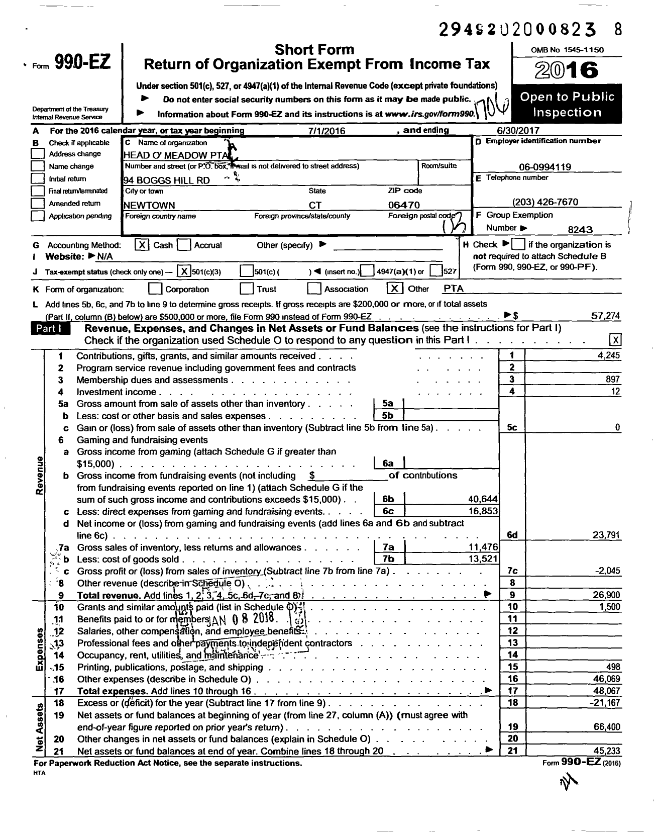 Image of first page of 2016 Form 990EZ for CT PTA - Head Omeadow PTA