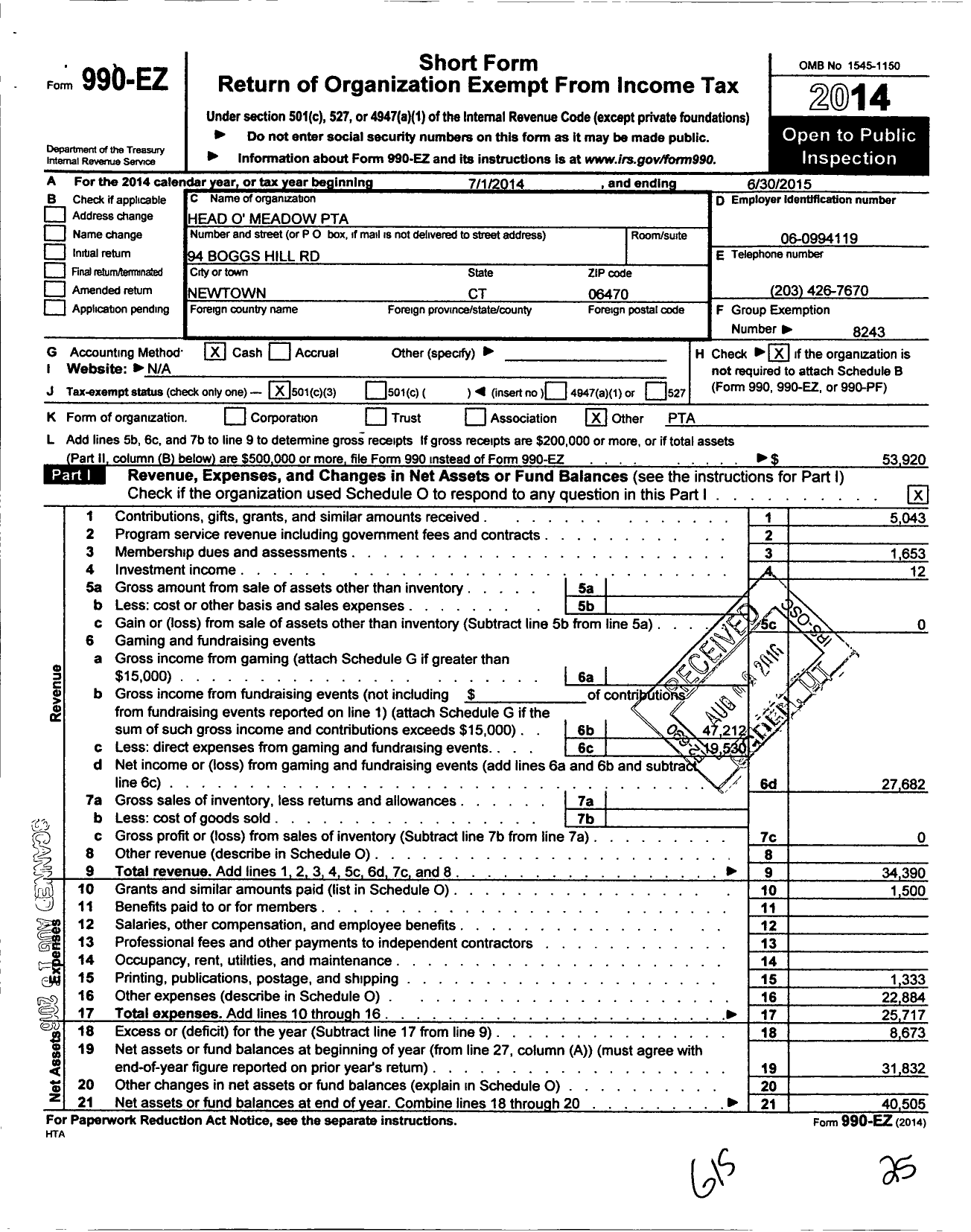 Image of first page of 2014 Form 990EZ for CT PTA - Head Omeadow PTA