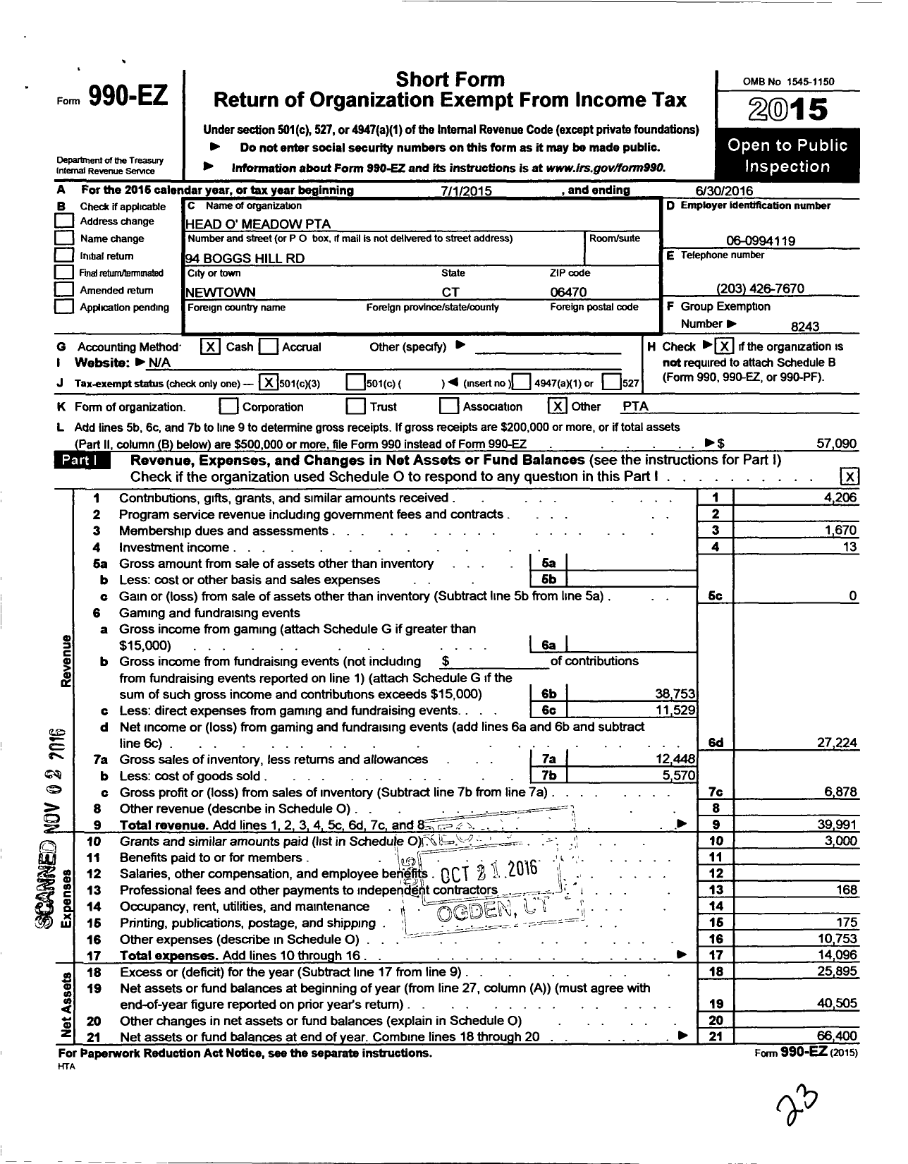 Image of first page of 2015 Form 990EZ for CT PTA - Head Omeadow PTA