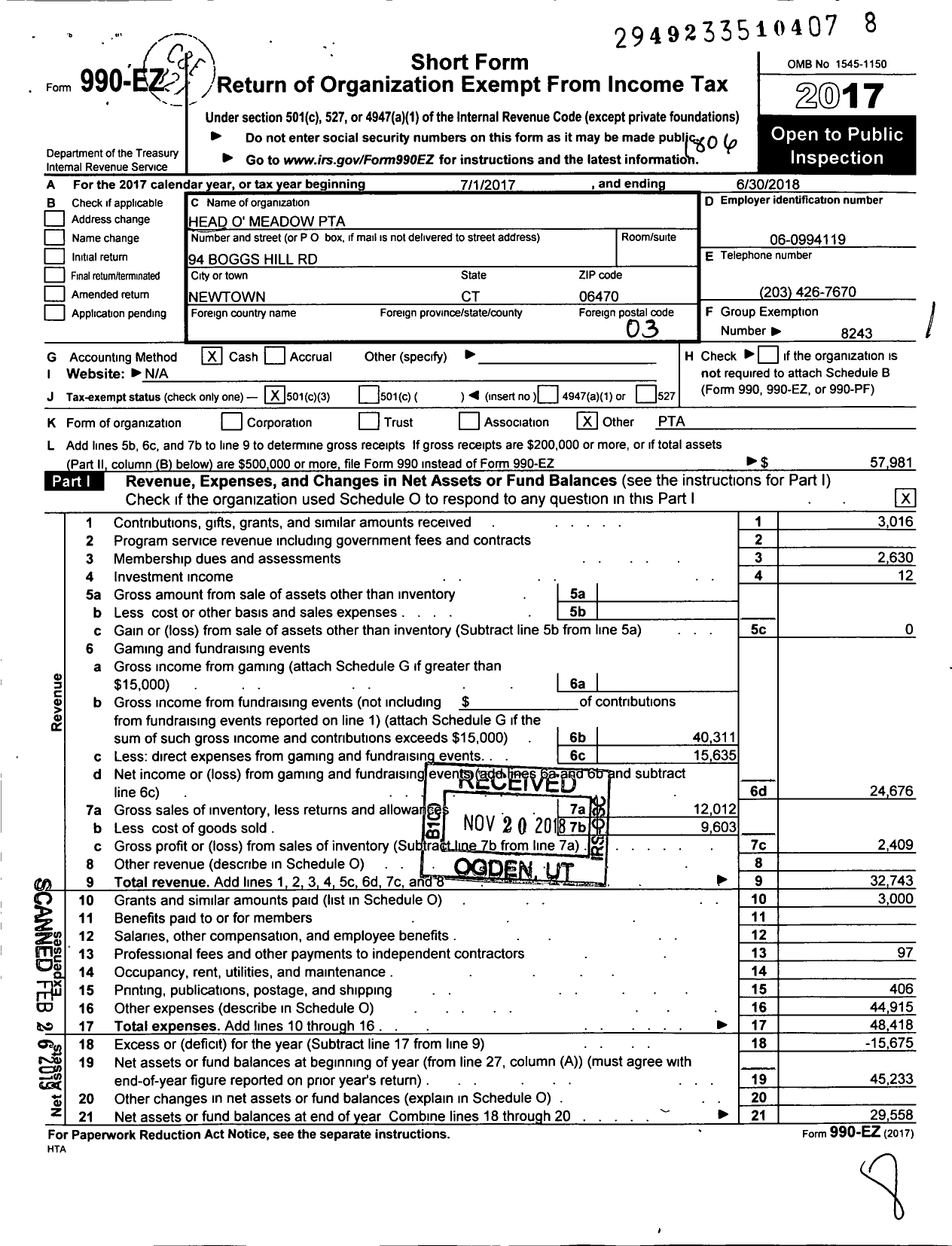 Image of first page of 2017 Form 990EZ for CT PTA - Head Omeadow PTA