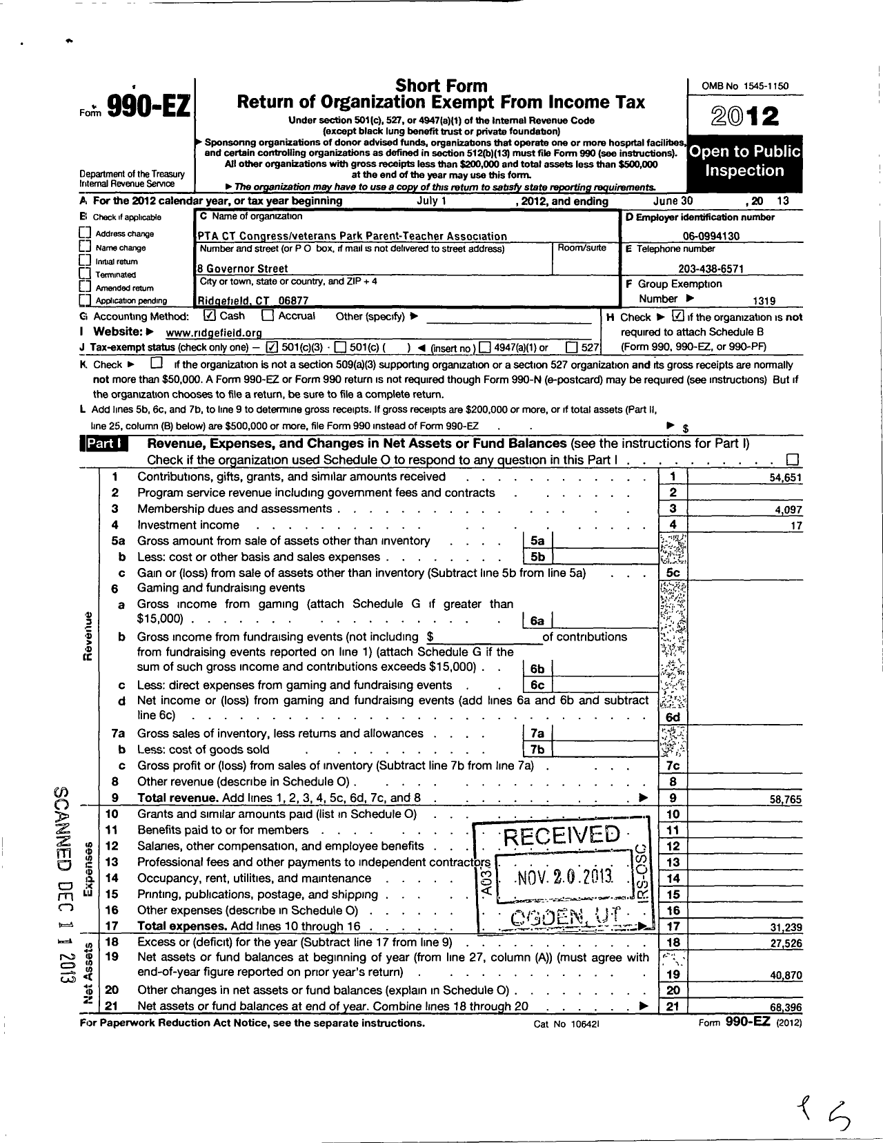 Image of first page of 2012 Form 990EZ for CT PTA - Veterans Park PTA