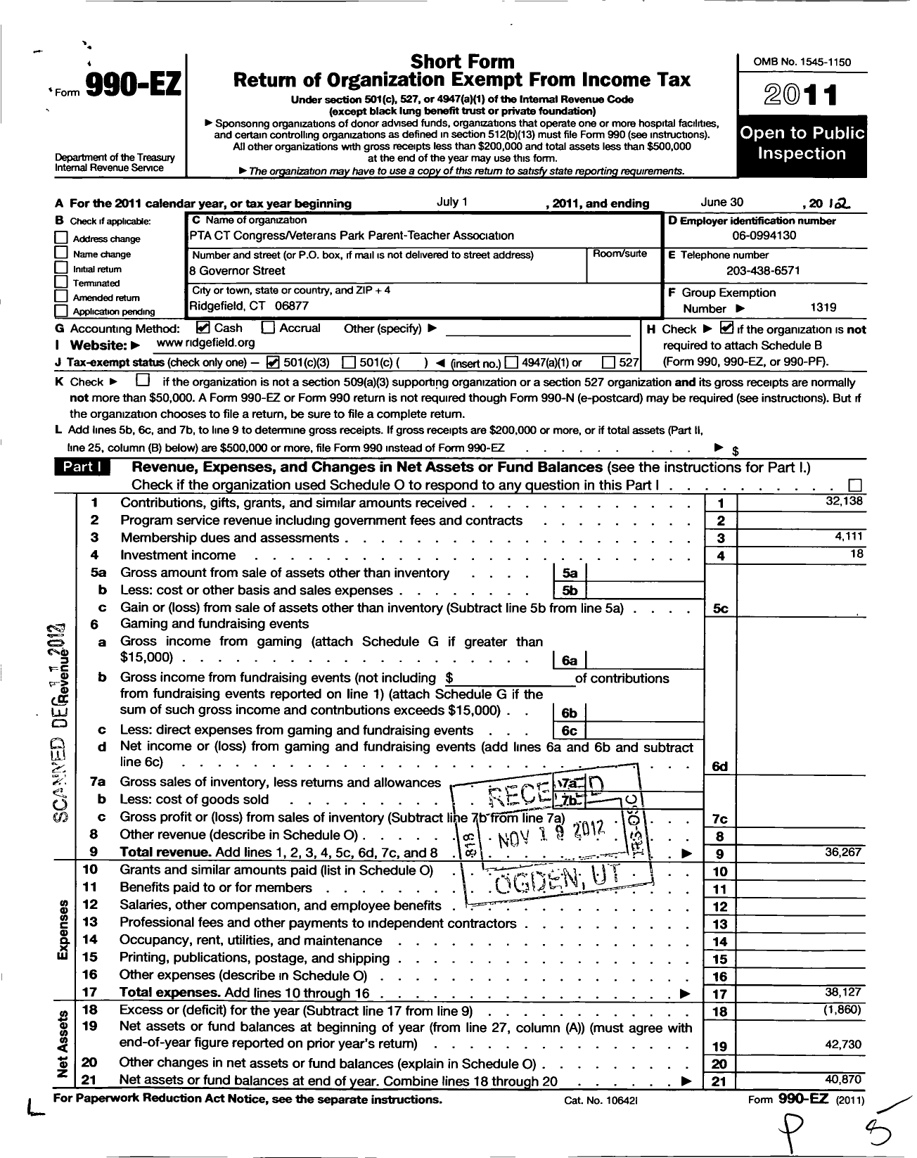 Image of first page of 2011 Form 990EZ for CT PTA - Veterans Park PTA