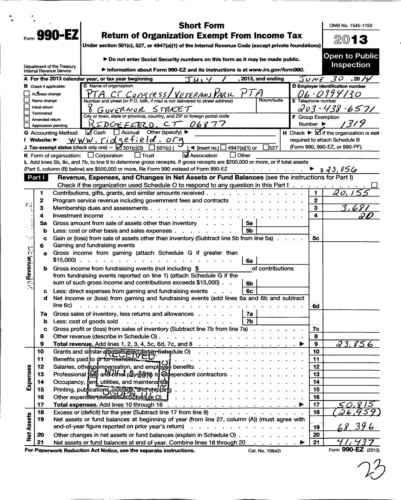 Image of first page of 2013 Form 990EZ for CT PTA - Veterans Park PTA