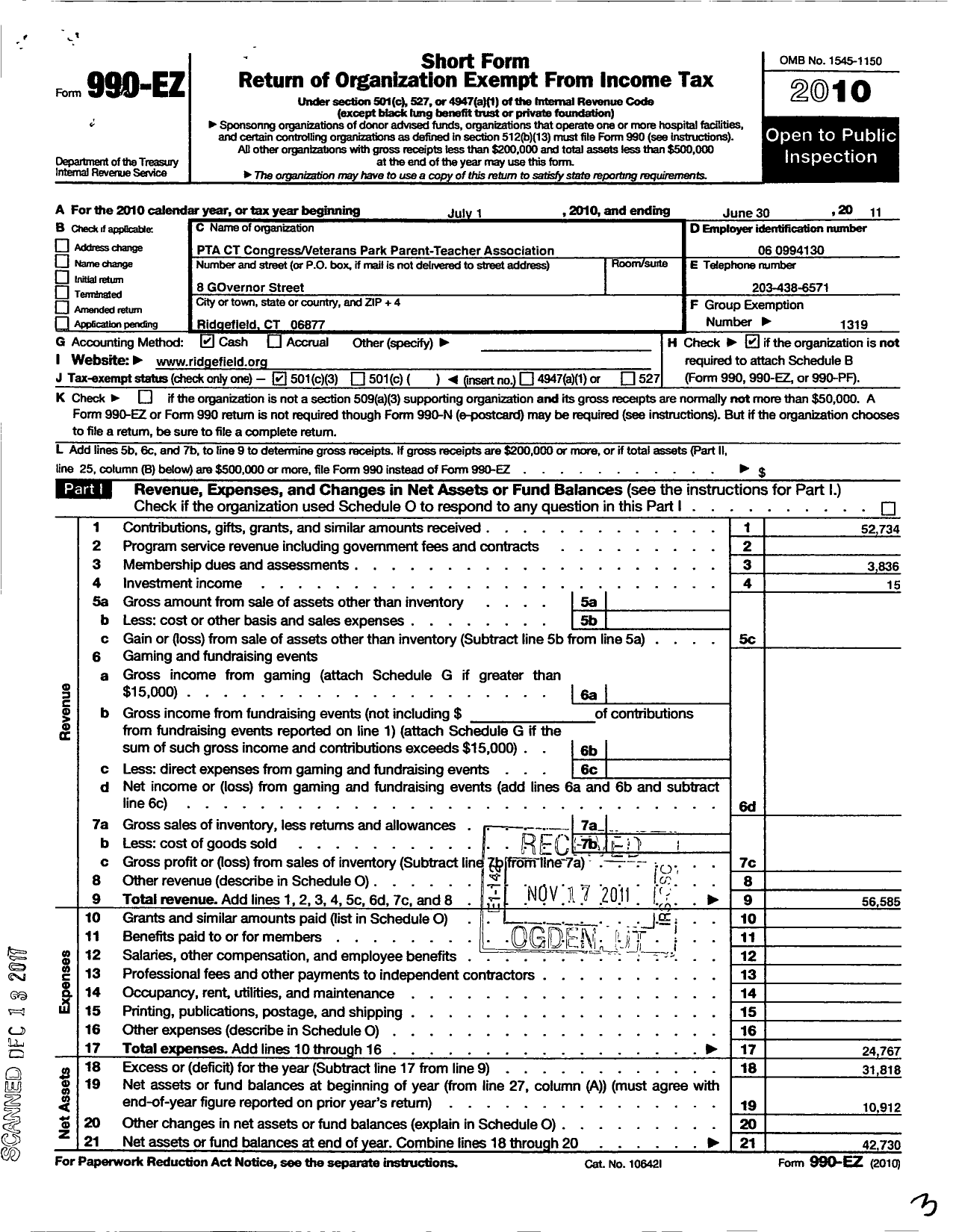 Image of first page of 2010 Form 990EZ for CT PTA - Veterans Park PTA