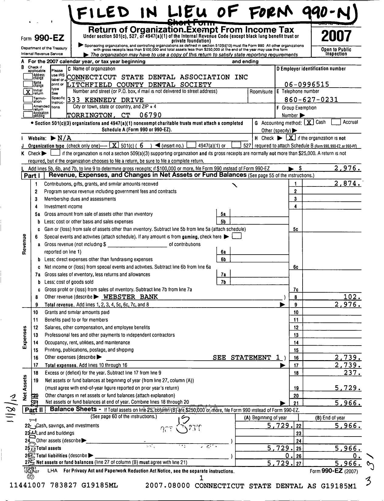 Image of first page of 2007 Form 990EO for Connecticut State Dental Association / Litchfield County Dental Society