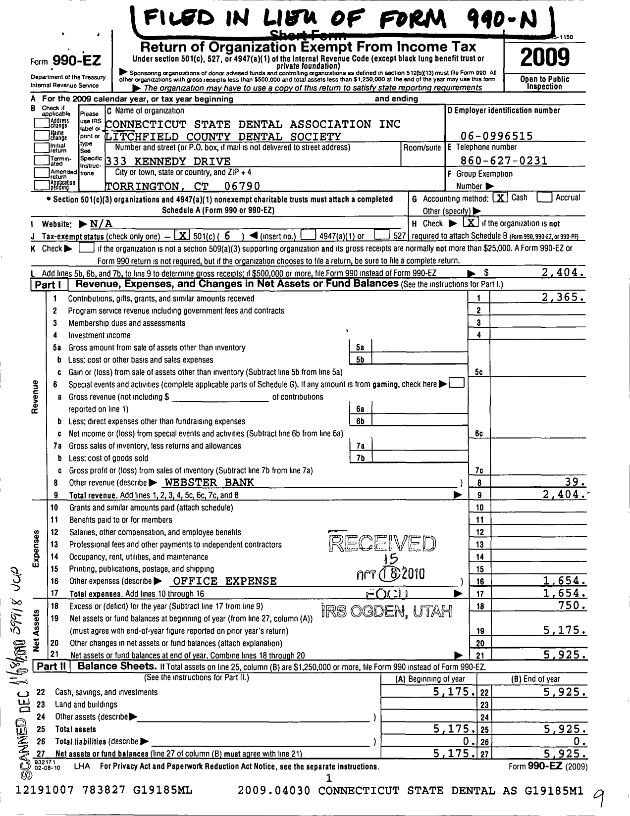 Image of first page of 2009 Form 990EO for Connecticut State Dental Association / Litchfield County Dental Society