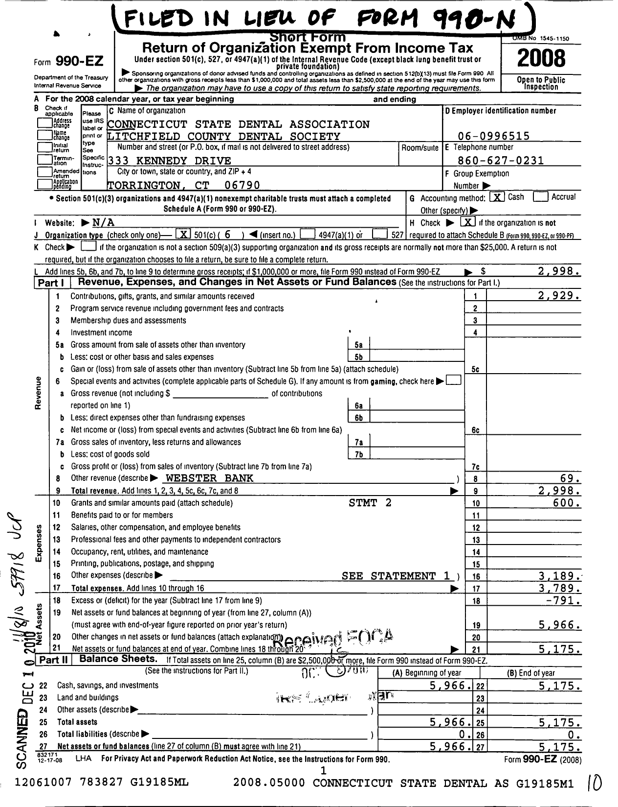 Image of first page of 2008 Form 990EO for Connecticut State Dental Association / Litchfield County Dental Society