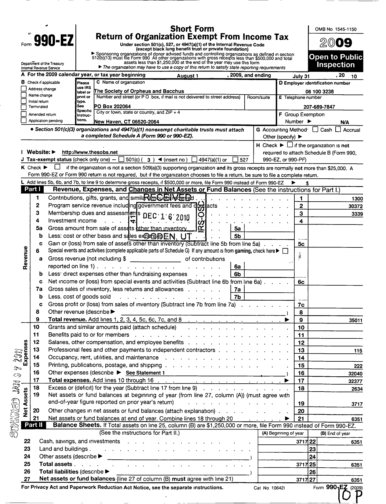 Image of first page of 2009 Form 990EZ for Society of Orpheus and Bacchus