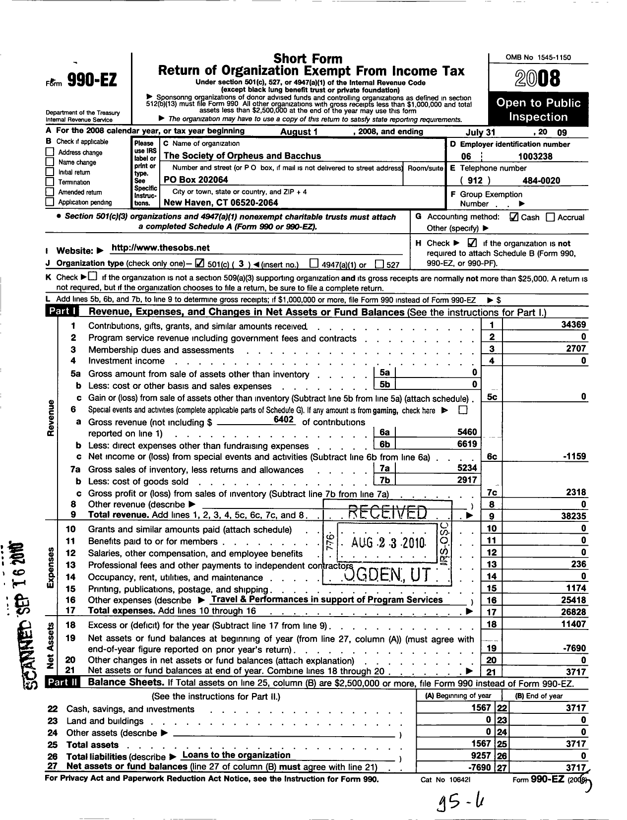 Image of first page of 2008 Form 990EZ for Society of Orpheus and Bacchus