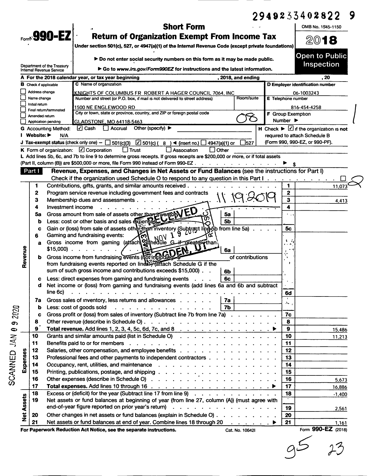 Image of first page of 2018 Form 990EO for Knights of Columbus - 7064 Father Hager Council