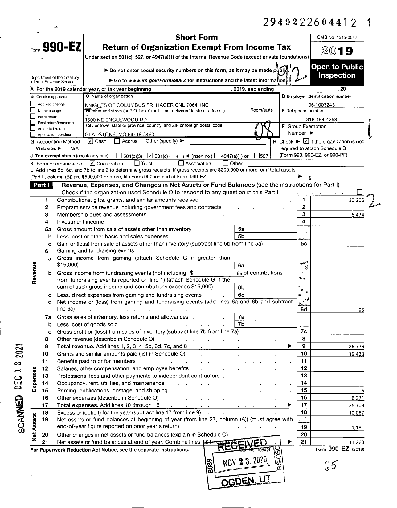 Image of first page of 2019 Form 990EO for Knights of Columbus - 7064 Father Hager Council