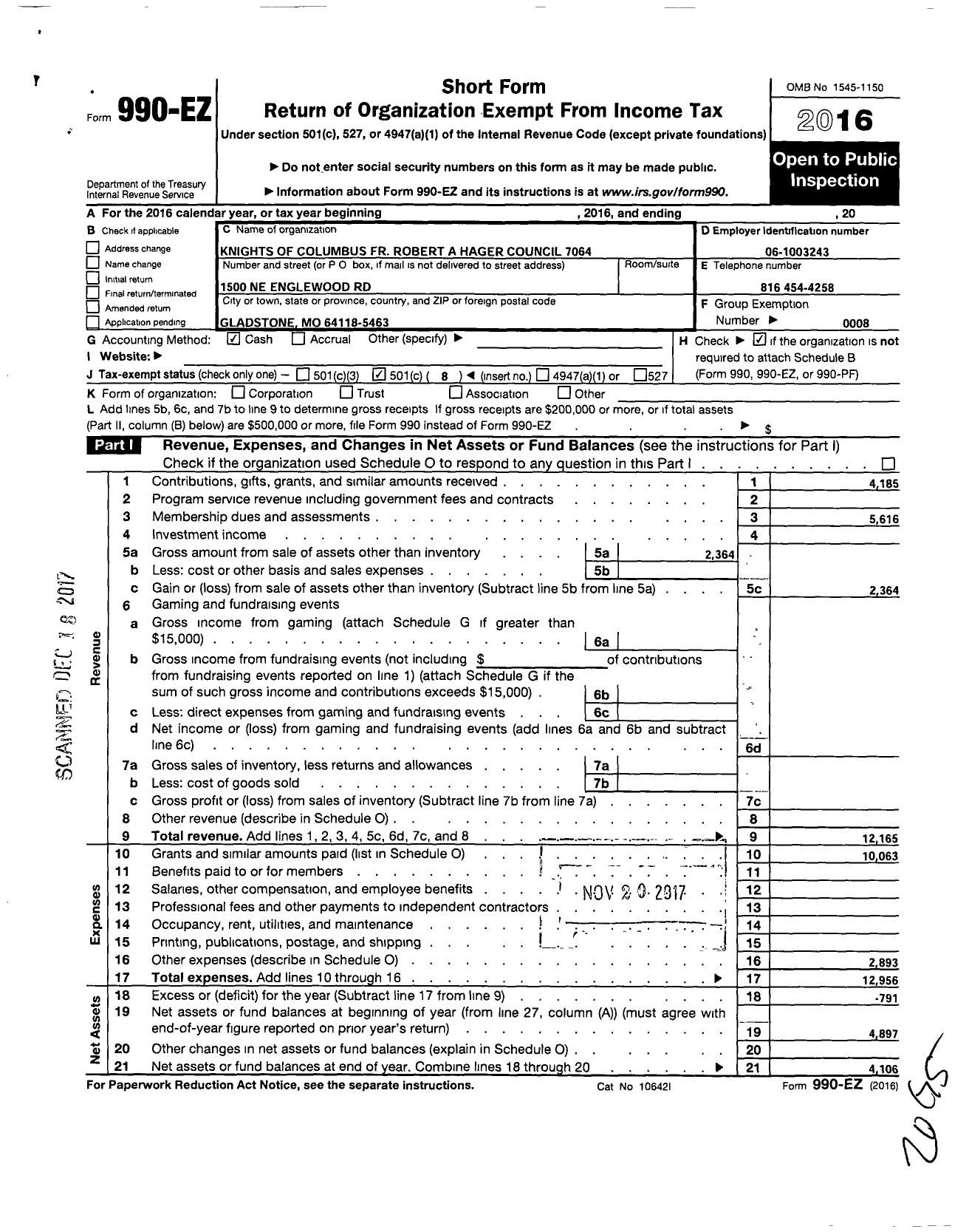 Image of first page of 2016 Form 990EO for Knights of Columbus - 7064 Father Hager Council