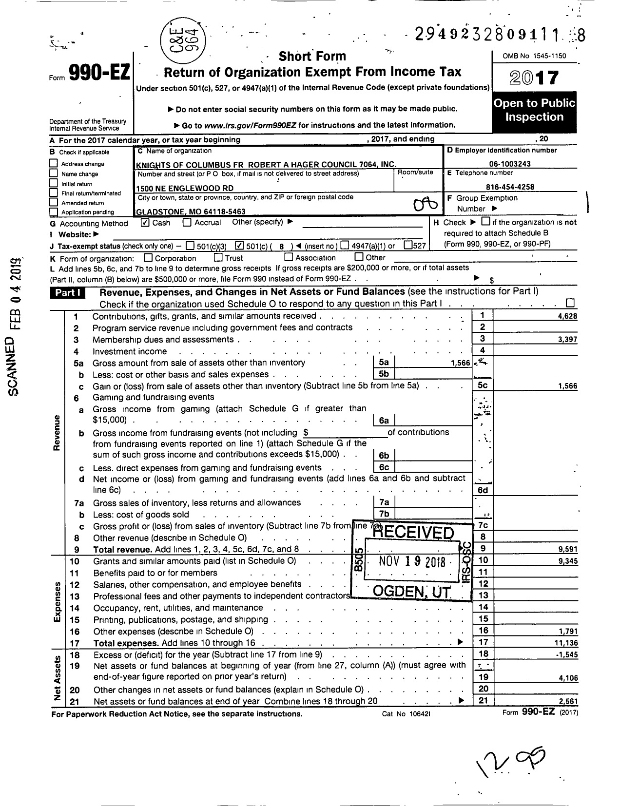 Image of first page of 2017 Form 990EO for Knights of Columbus - 7064 Father Hager Council