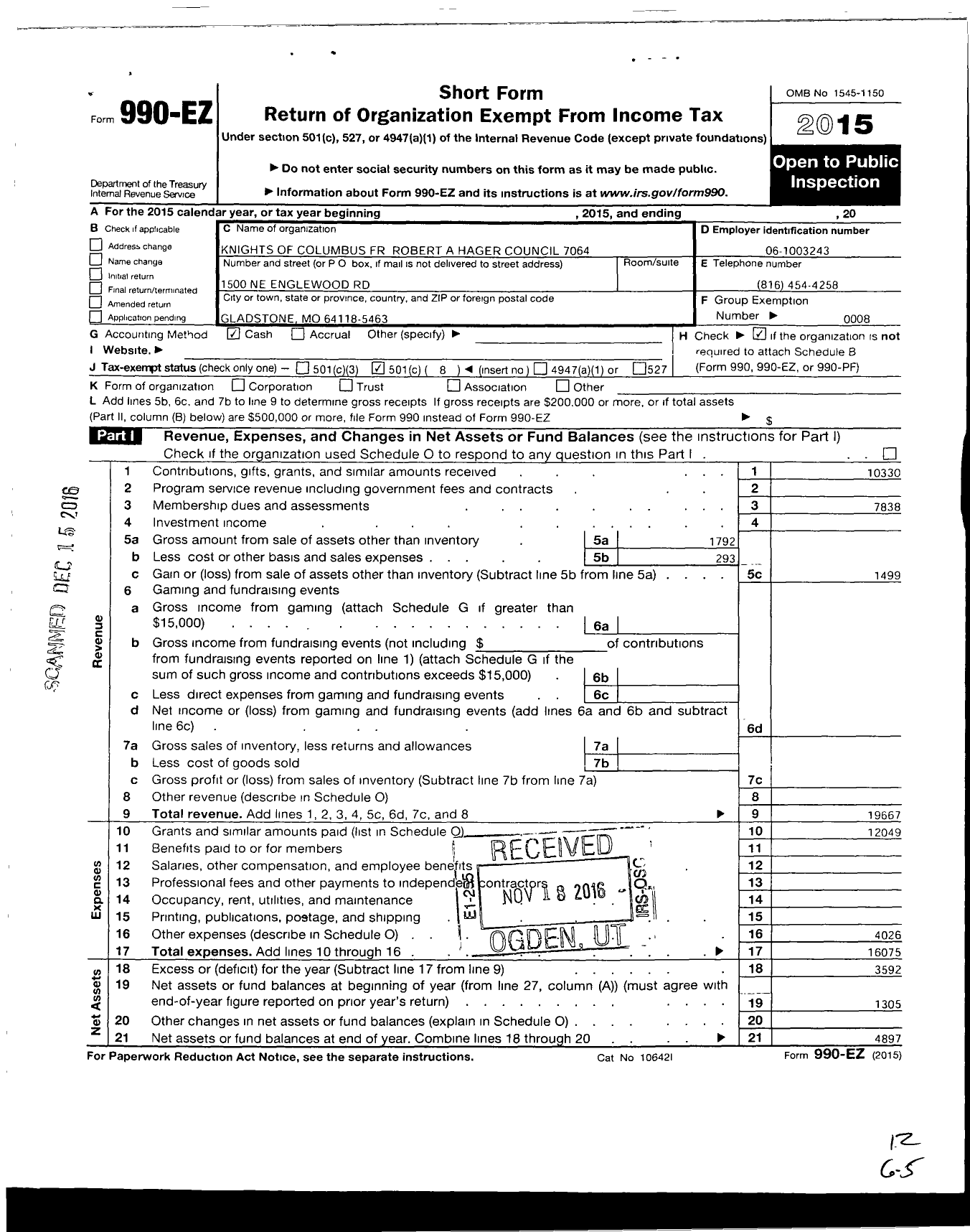 Image of first page of 2015 Form 990EO for Knights of Columbus - 7064 Father Hager Council